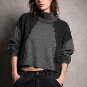 Deconstructed Crop Turtleneck Sweater Grunge Raw Seam Patchwork Y2K Distressed M
